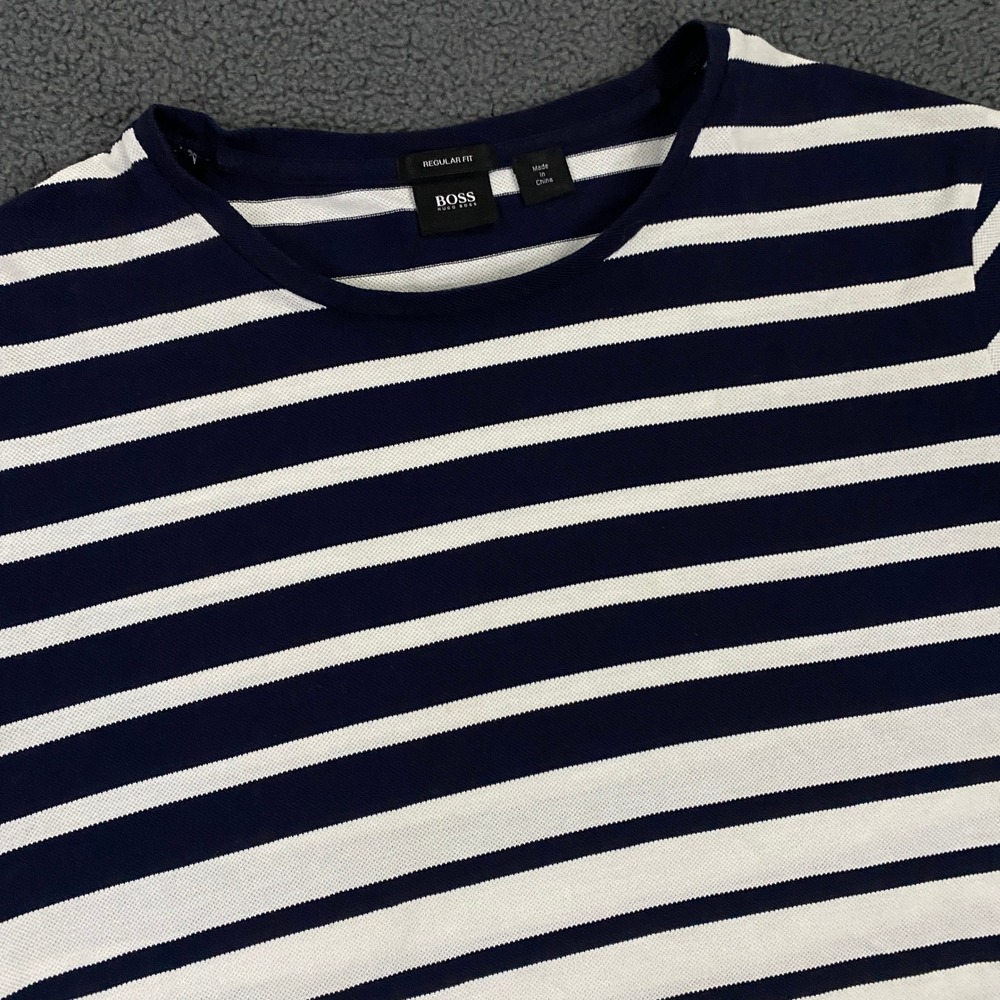 Hugo Boss T-Shirt Mens Large Blue White Stripe Mesh Knit Crew Neck